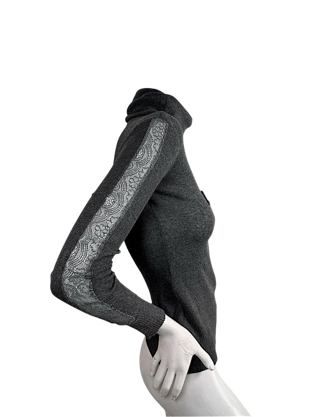 CHANEL Vintage Fall 2008 Grey CC Logo Lace Sleeve Turtleneck Sweater